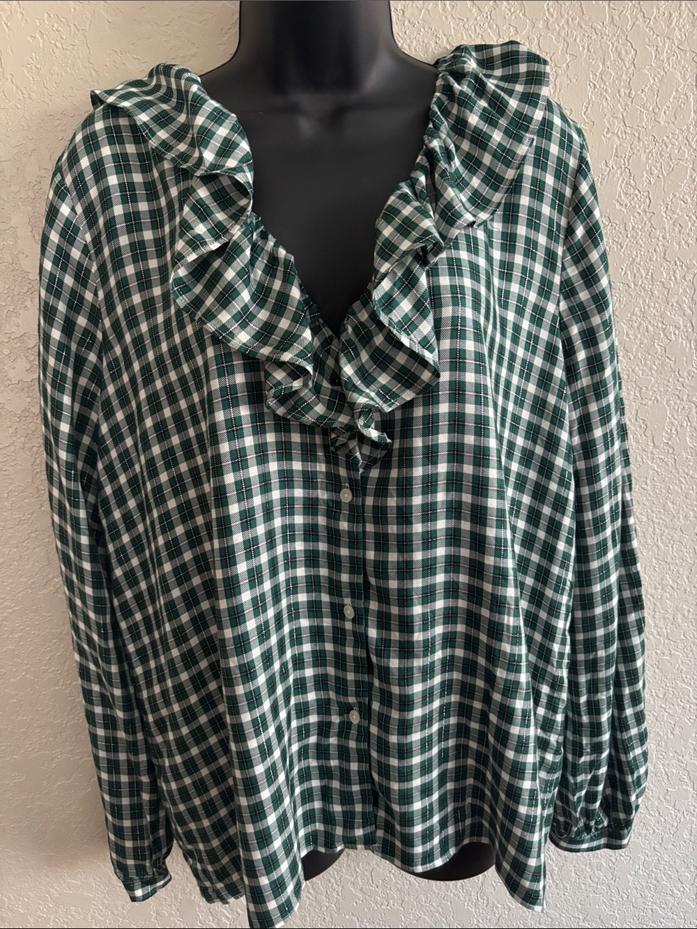 Ann Taylor Green and White Plaid Ruffle-Front Button Down Blouse